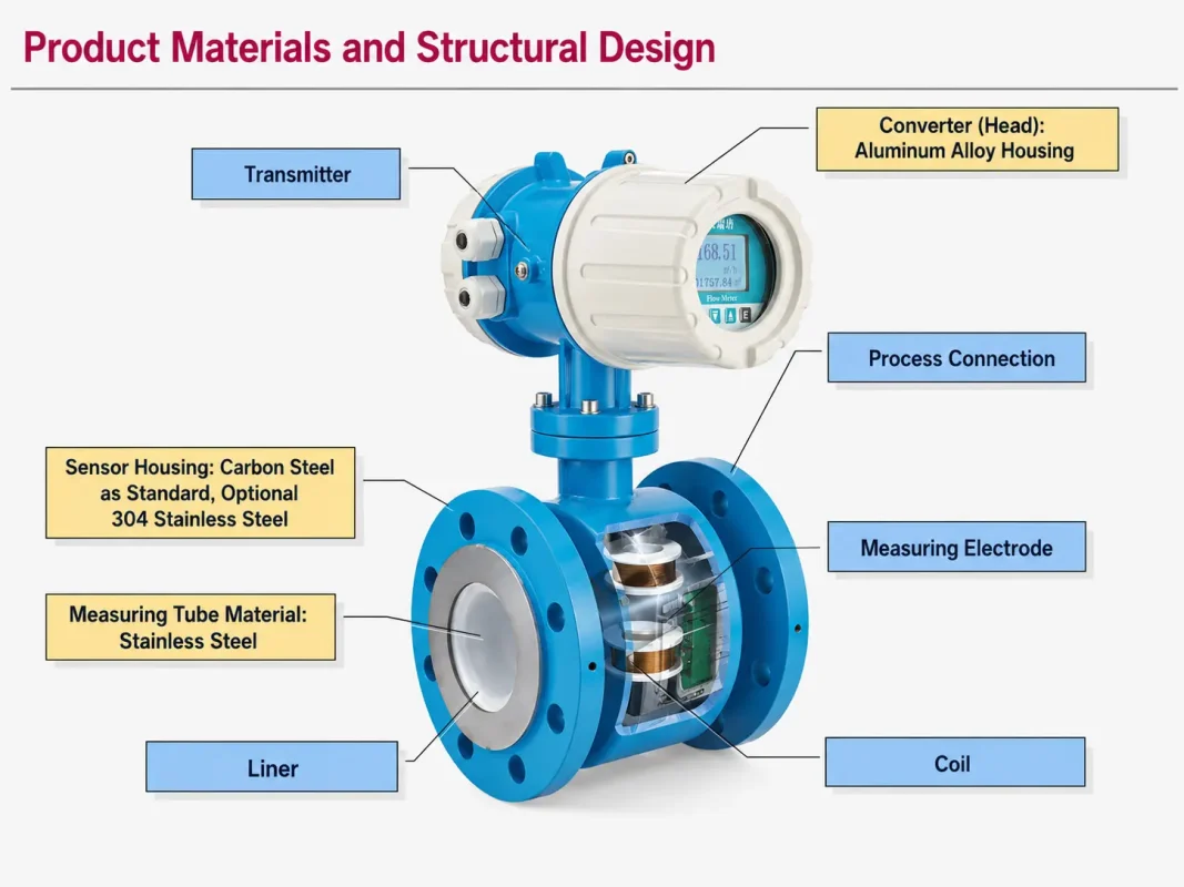 Electromagnetic flow meter structural design showing transmitter, liner, measuring electrodes and coils