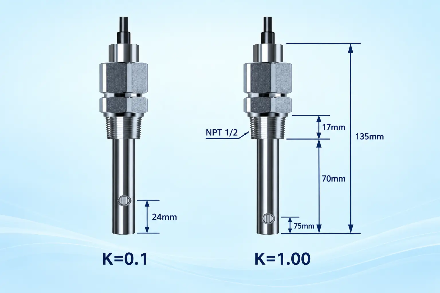 ACS125 conductivity sensor with 1/2 inch NPT connection and K=0.1 or K=1.0 cell constant options